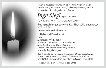 Traueranzeige von Inge Siegl 