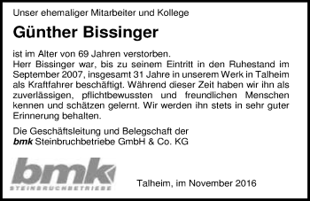 Traueranzeige von Günter Bissinger 