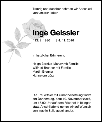 Traueranzeige von Inge Geissler 