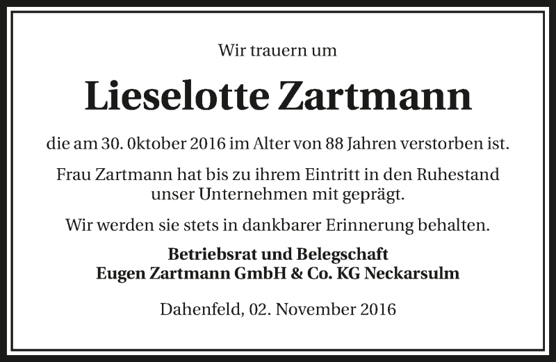  Traueranzeige für Lieselotte Zartmann vom 02.11.2016 aus 