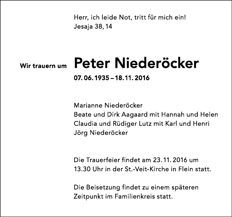  Traueranzeige für Peter Niederöcker vom 22.11.2016 aus 