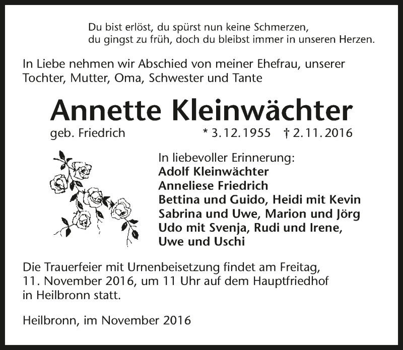  Traueranzeige für Annette Kleinwächter vom 08.11.2016 aus 
