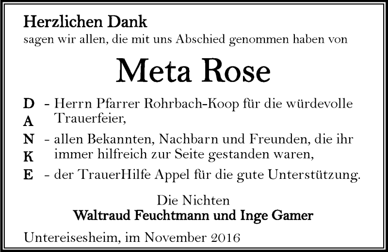 Traueranzeige für Meta Rose vom 19.11.2016 aus 