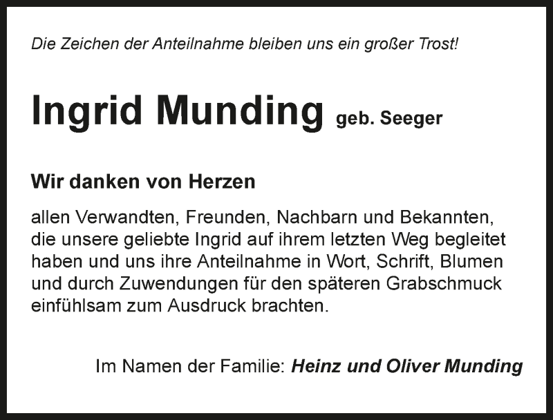  Traueranzeige für Ingrid Munding vom 26.11.2016 aus 