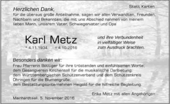 Traueranzeige von Karl Metz 