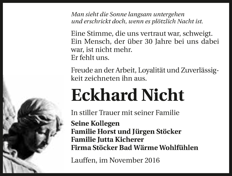  Traueranzeige für Eckhard Nicht vom 05.11.2016 aus 