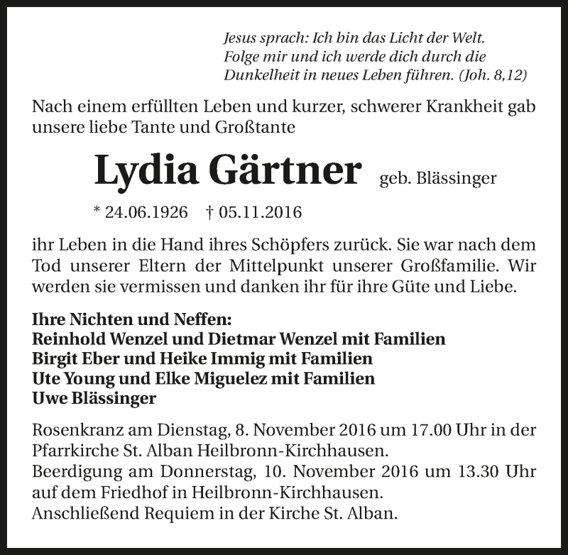  Traueranzeige für Lydia Gärtner vom 08.11.2016 aus 