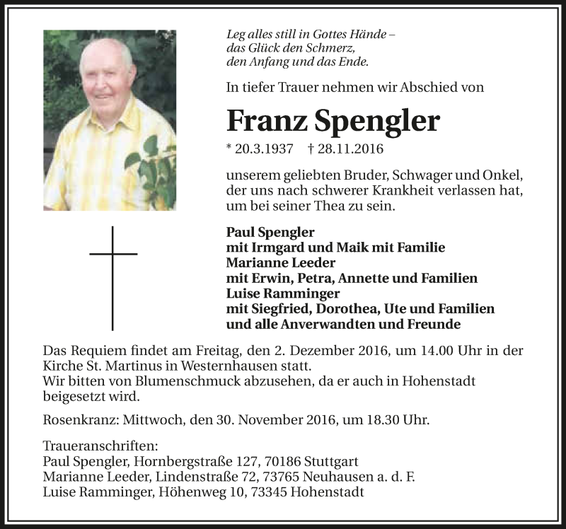  Traueranzeige für Franz Spengler vom 30.11.2016 aus 