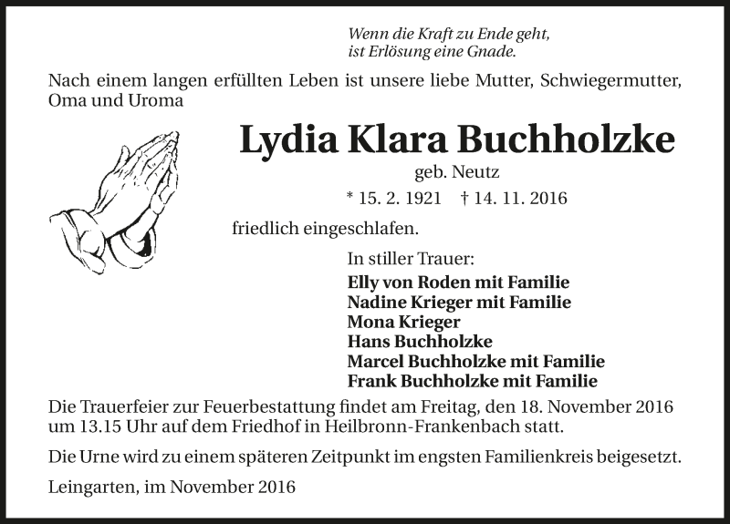  Traueranzeige für Lydia Klara Buchholzke vom 16.11.2016 aus 