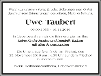 Traueranzeige von Uwe Taubert 
