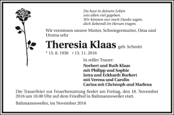Traueranzeige von Theresia Klaas 