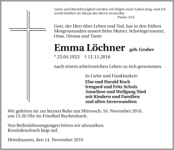 Traueranzeige von Emma Löchner 