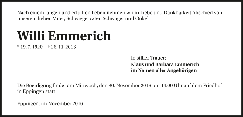  Traueranzeige für Willi Emmerich vom 29.11.2016 aus 