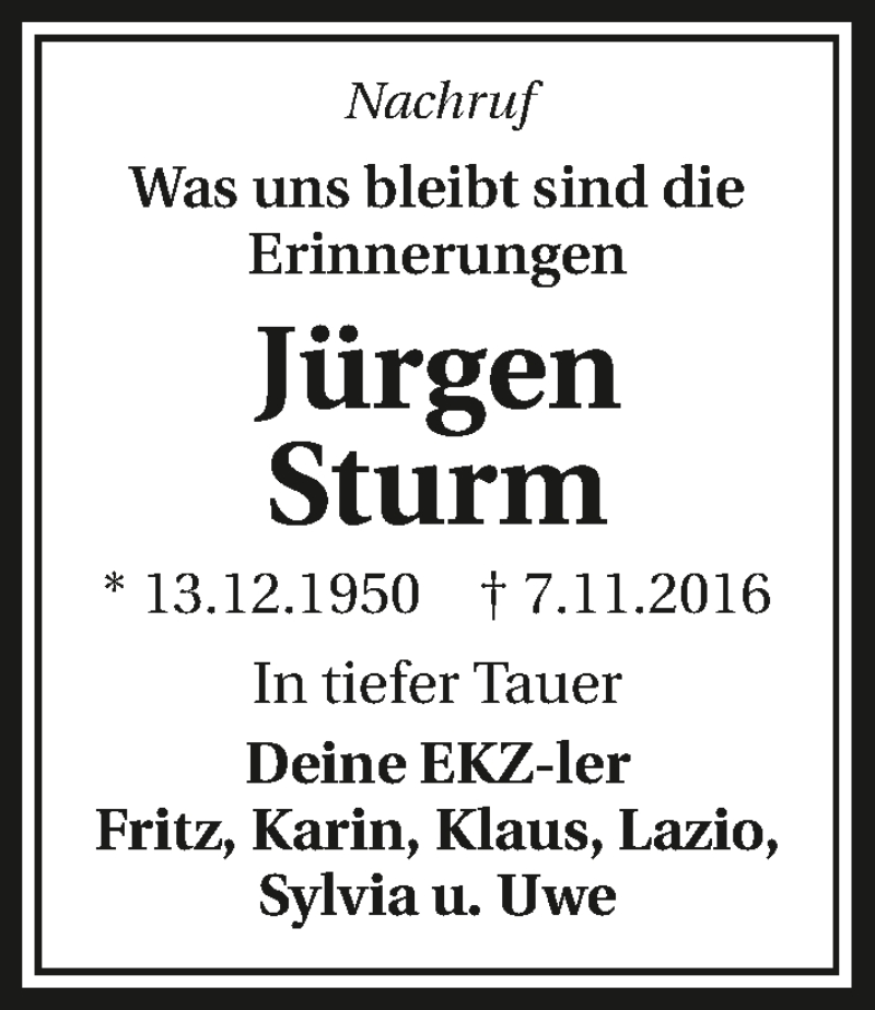  Traueranzeige für Jürgen Sturm vom 14.11.2016 aus 