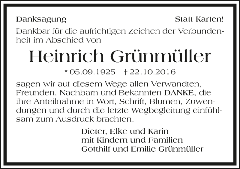  Traueranzeige für Heinrich Grünmüller vom 05.11.2016 aus 