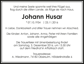 Traueranzeige von Johann Husar 