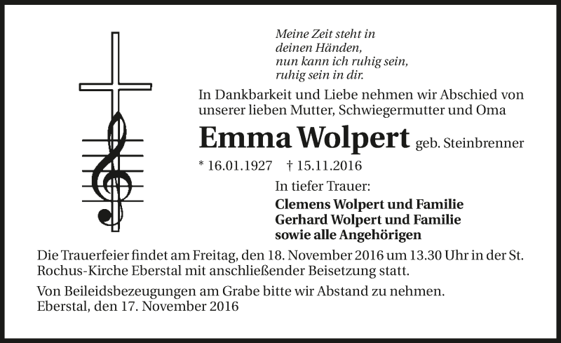  Traueranzeige für Emma Wolpert vom 17.11.2016 aus 