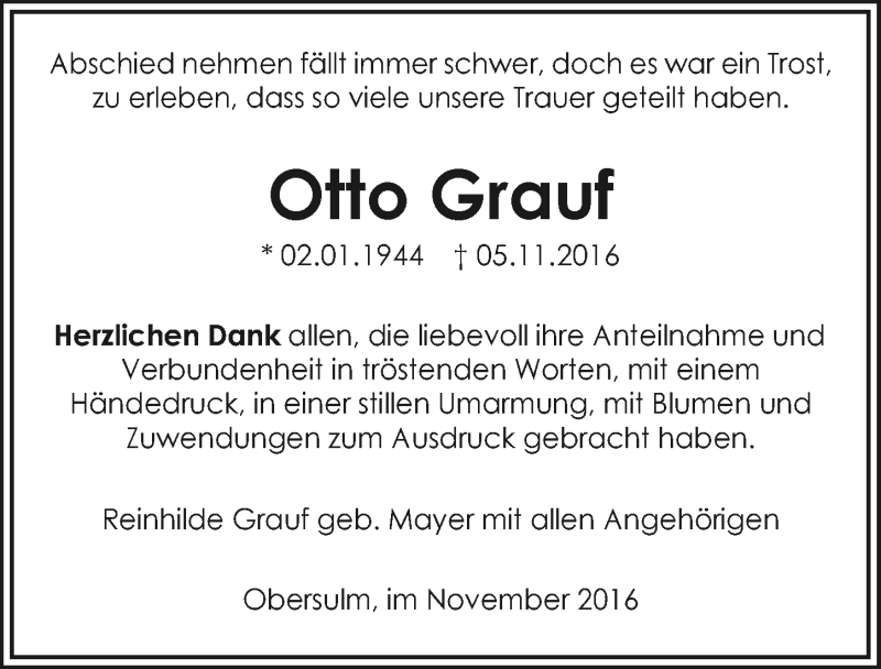  Traueranzeige für Otto Grauf vom 23.11.2016 aus 