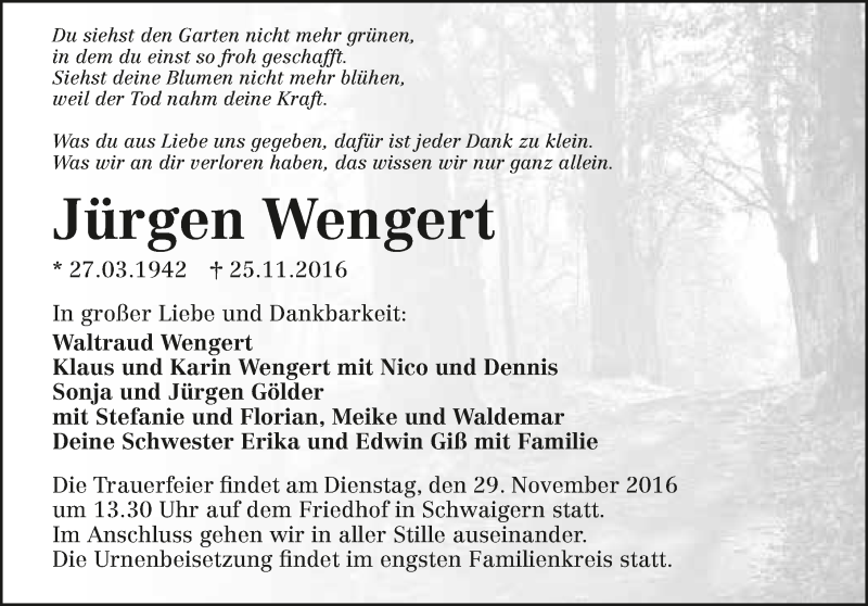  Traueranzeige für Jürgen Wengert vom 28.11.2016 aus 