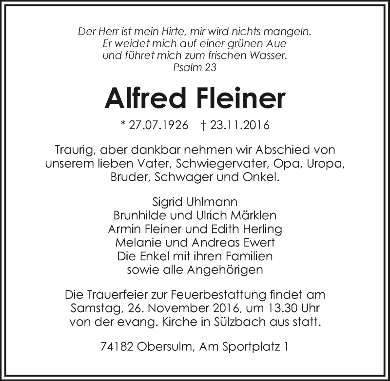  Traueranzeige für Alfred Fleiner vom 25.11.2016 aus 