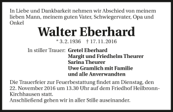 Traueranzeige von Walter Eberhard 