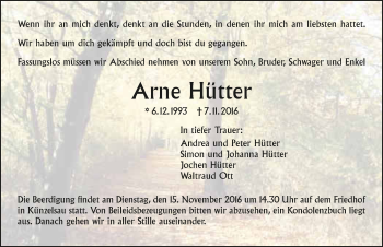 Traueranzeige von Arne Hütter 