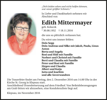 Traueranzeige von Edith Mittermayer 