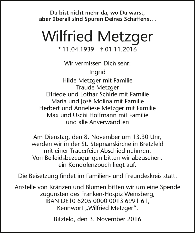  Traueranzeige für Wilfried Metzger vom 05.11.2016 aus 