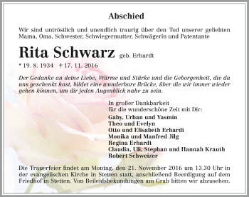 Traueranzeige von Rita Schwab 