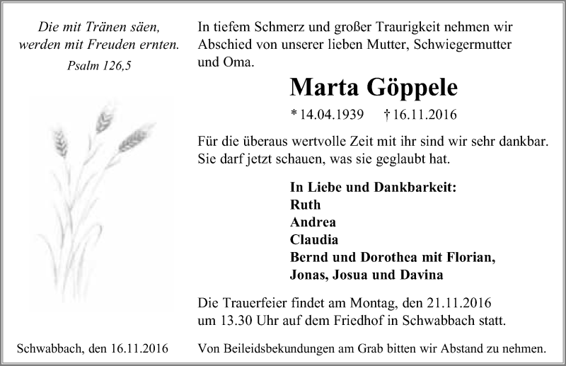  Traueranzeige für Marta Göppele vom 18.11.2016 aus 