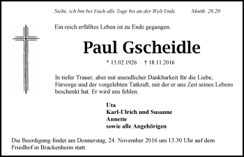 Traueranzeige von Paul Gscheidle 