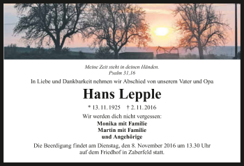 Traueranzeige von Hans Lepple 