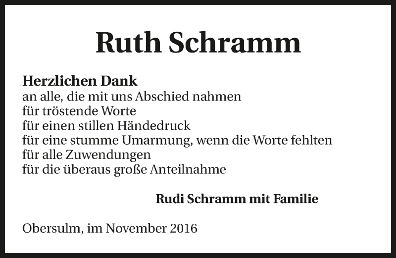  Traueranzeige für Ruth Schramm vom 09.11.2016 aus 