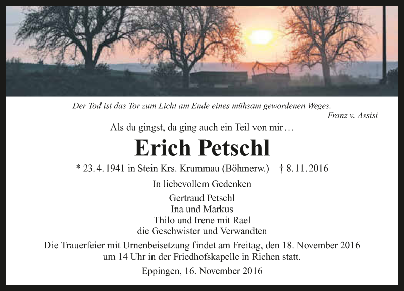  Traueranzeige für Erich Petschl vom 16.11.2016 aus 