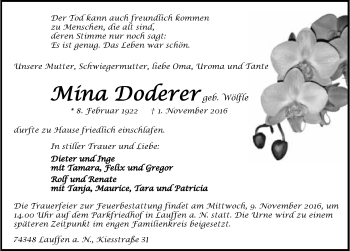 Traueranzeige von Mina Doderer 