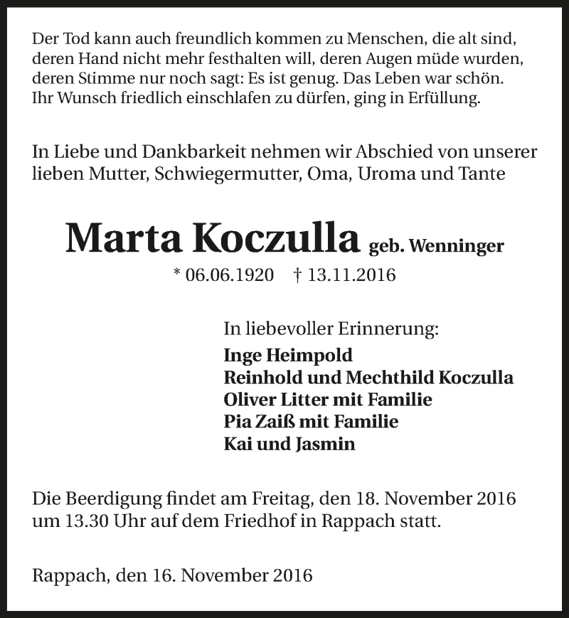  Traueranzeige für Marta Koczulla vom 16.11.2016 aus 