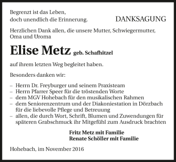 Traueranzeige von Elise Metz 