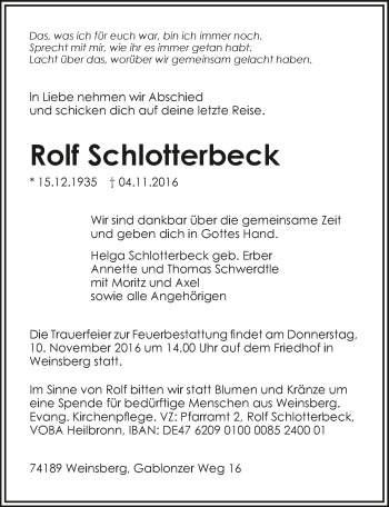 Traueranzeige von Rolf Schlotterbeck 