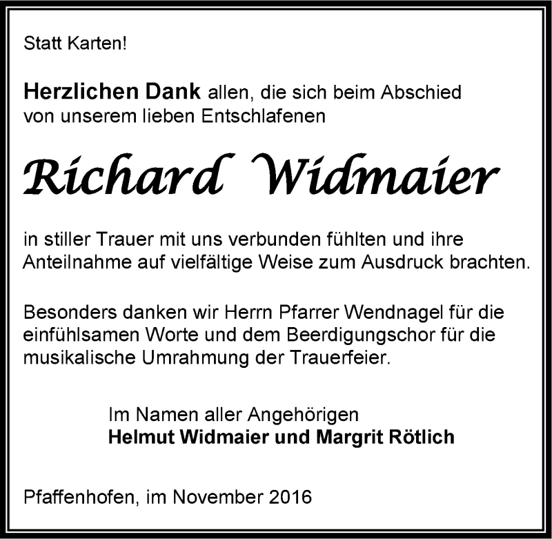  Traueranzeige für Richard Widmaier vom 24.11.2016 aus 