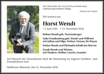 Traueranzeige von Horst Wendt 