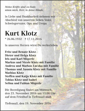 Traueranzeige von Kurt Klotz 