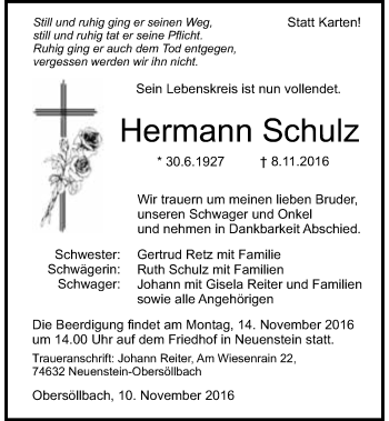 Traueranzeige von Hermann Schulz 