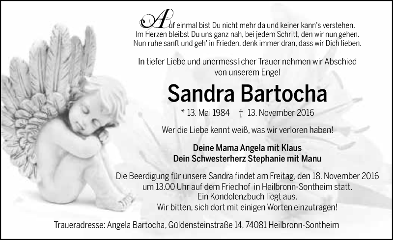  Traueranzeige für Sandra Bartocha vom 16.11.2016 aus 