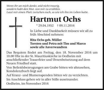 Traueranzeige von Hartmut Ochs 