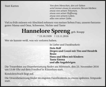 Traueranzeige von Hannelore Spreng 