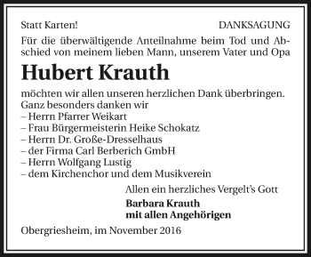 Traueranzeige von Hubert Krauth 