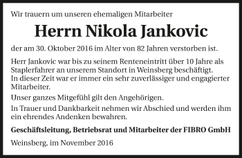 Traueranzeige von Nikola Jankovic 