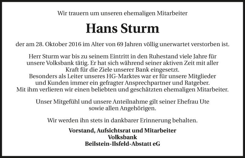  Traueranzeige für Hans Sturm vom 03.11.2016 aus 