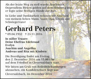 Traueranzeige von Gerhard Peters 