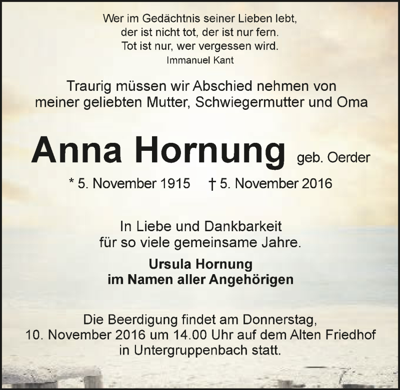  Traueranzeige für Anna Hornung vom 07.11.2016 aus 